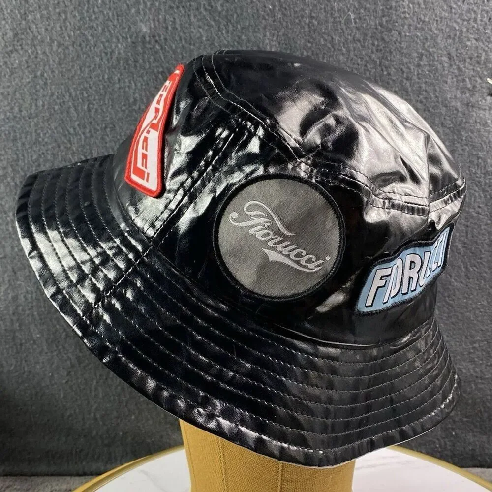 Fiorucci Black Vinyl Bucket Hat Multi Patch Angels Safety Jeans 90s Style Y2K